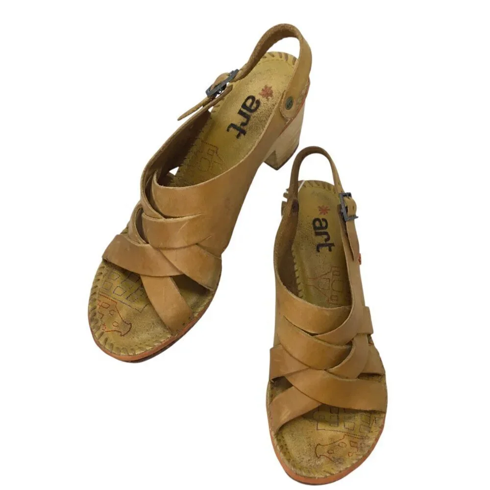 The Art Company Platform Sandals Golden Yellow Leather Wooden Heels Size 39 / 8